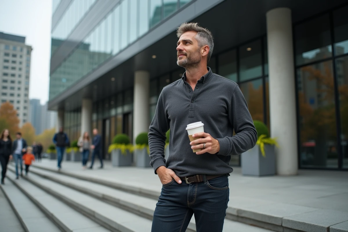 Entrepreneur en milieu urbain devant un immeuble moderne, symbolisant le lancement d'une nouvelle entreprise en 2026