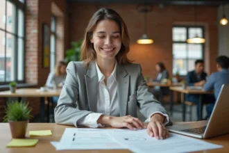 Jeune entrepreneuse analysant un business plan dans un espace de co-working moderne, illustrant la création de startup en 2026