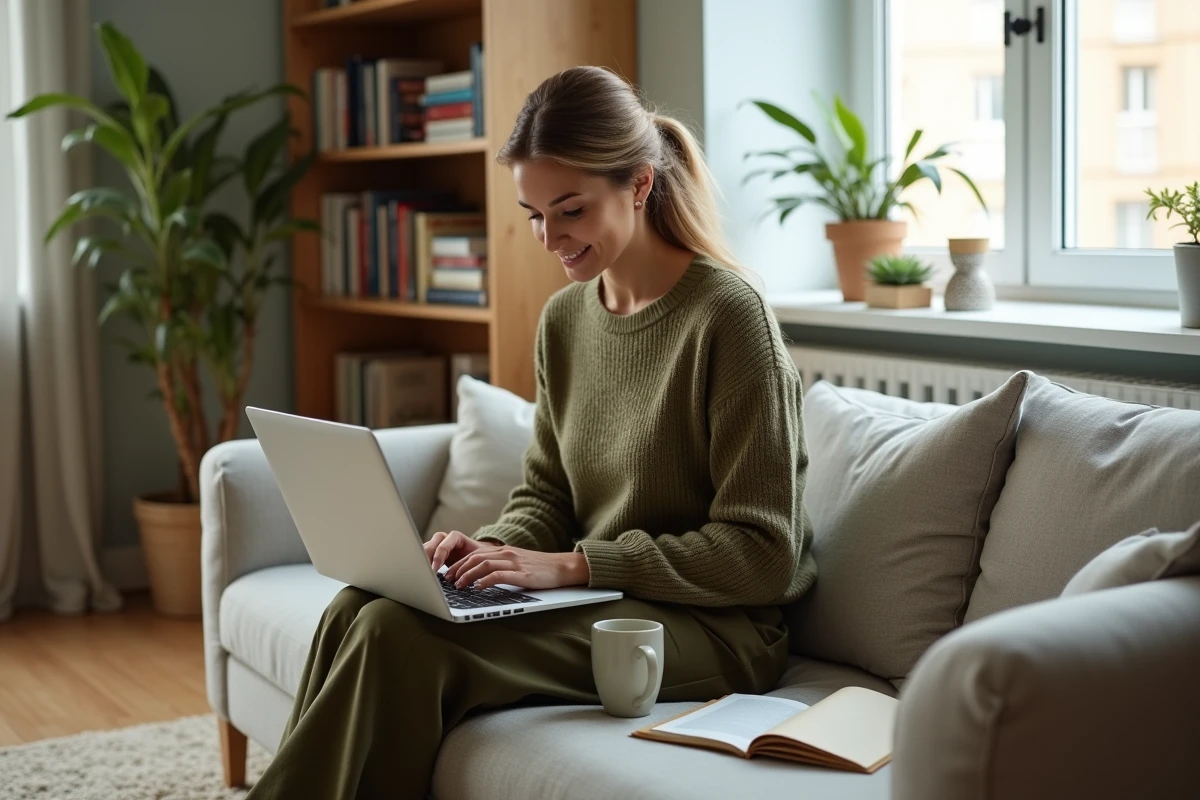 Jeune entrepreneuse travaillant depuis chez elle sur une plateforme annuaire pour améliorer sa visibilité professionnelle