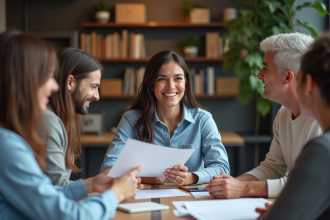 Groupe de collègues en réunion dans un bureau moderne