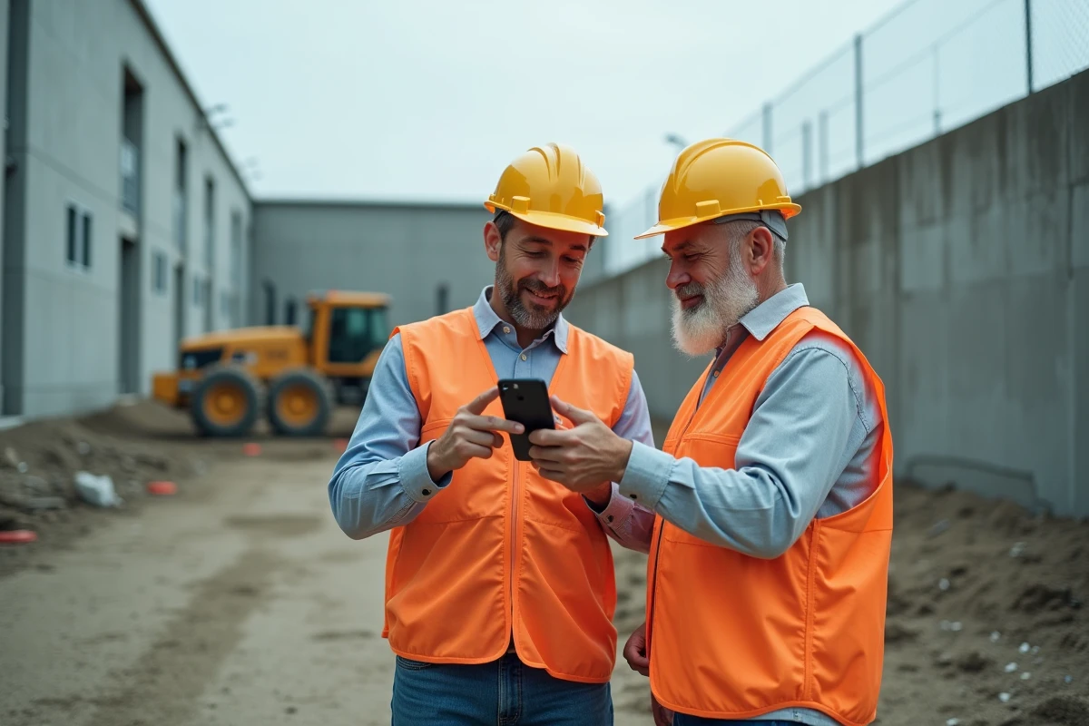 Deux conducteurs de travaux analysant des données de chantier sur smartphone sur un chantier BTP en extérieur