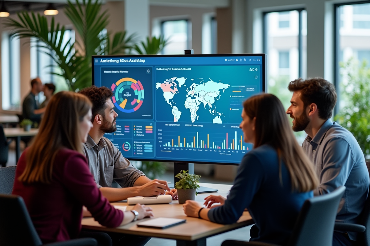 Equipe marketing discutant autour d un écran interactif avec graphiques