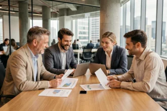 Équipe professionnelle en réunion autour d'une table de conférence analysant des rapports de performance en entreprise