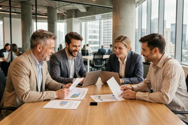 Équipe professionnelle en réunion autour d'une table de conférence analysant des rapports de performance en entreprise