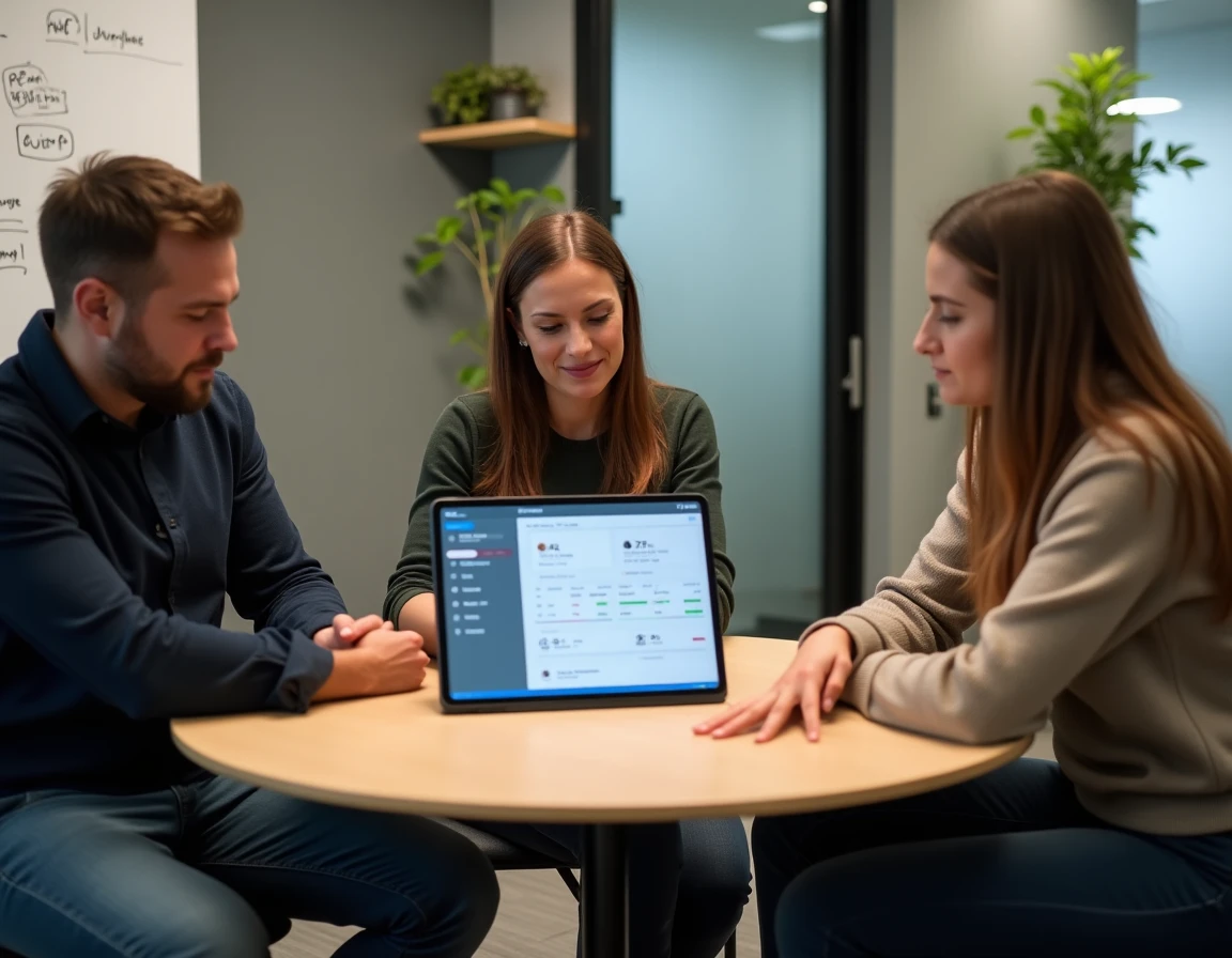 Équipe en réunion utilisant une tablette avec le logiciel Strator Neo pour la gestion de projet
