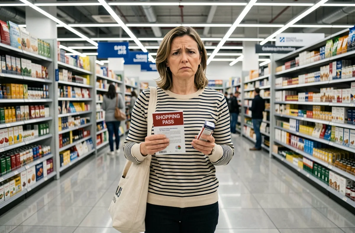 Femme perplexe lisant la brochure explicative d'un Shopping Pass dans un magasin en rayon