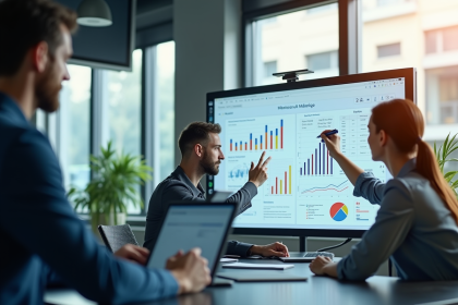 Professionnels dans un espace de travail moderne avec graphiques marketing numérique