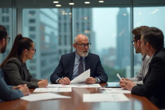 Homme executive en costume bleu lors d'une réunion professionnelle