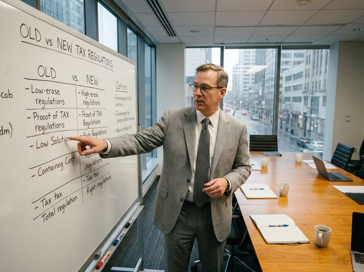 Comptable senior expliquant les nouvelles règles d'imposition sur un tableau blanc en salle de réunion