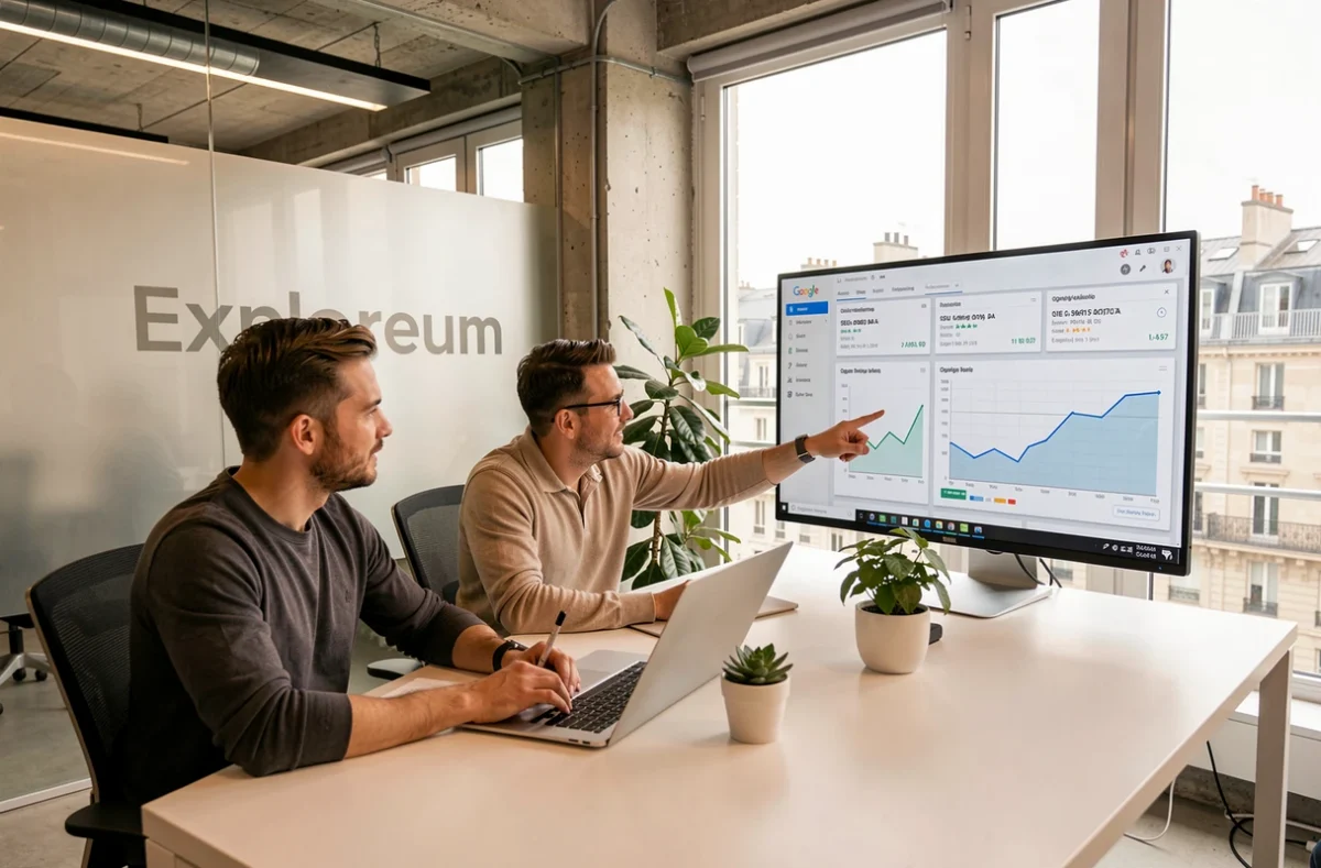 Équipe de l'agence SEO Exploreum dans les Hauts-de-Seine travaillant sur des tableaux de bord d'analyse de référencement
