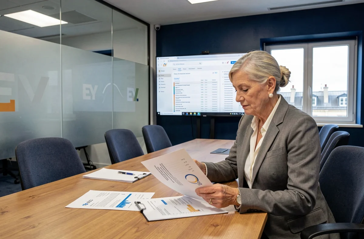 Consultant senior SEO/GEO chez EY en Île-de-France analysant des rapports d'audit de référencement dans un espace corporate