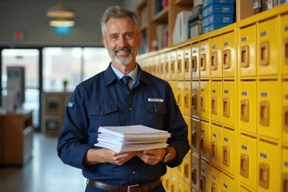 Facteur en uniforme avec lettres dans une poste moderne