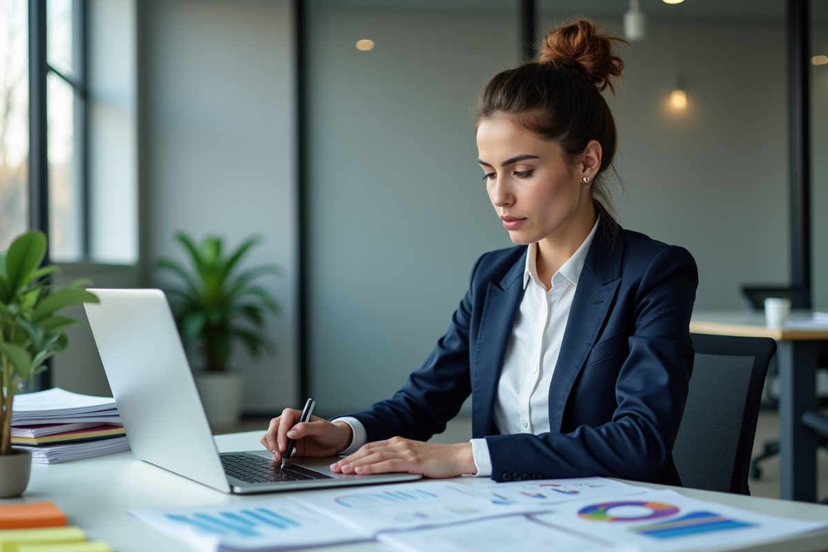 Femme d'affaires analysant des données de campagne