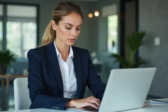 Femme d'affaires en bureau moderne avec ordinateur portable