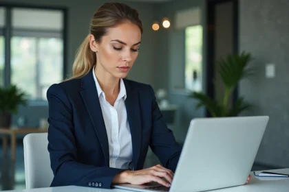 Femme d'affaires en bureau moderne avec ordinateur portable