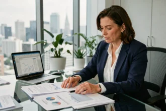 Femme d'affaires examinant des documents pour créer une filiale à l'étranger et obtenir un numéro DUNS