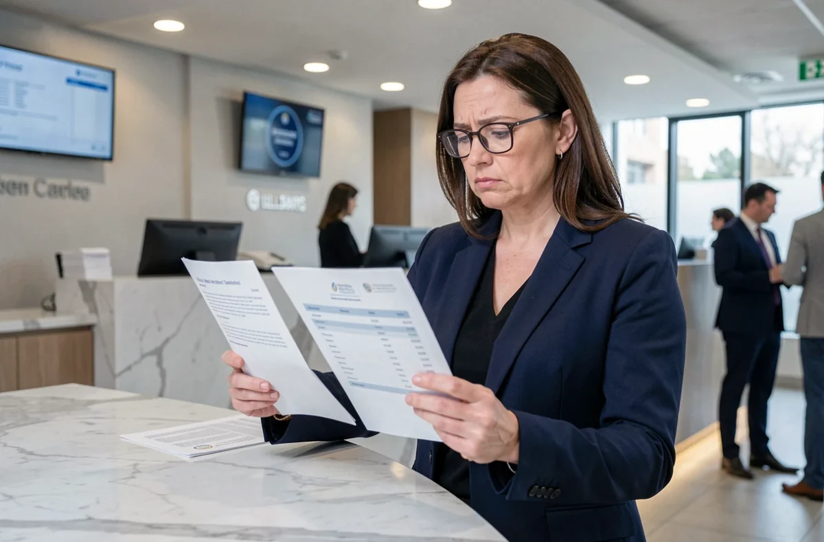 Femme d'affaires comparant un avis d'imposition et un relevé bancaire dans une agence bancaire moderne
