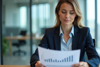 Femme d'affaires en costume examinant un rapport financier