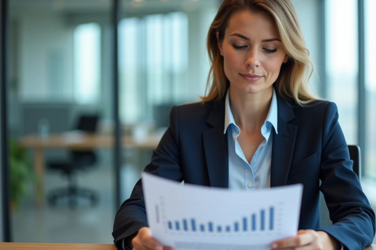 Femme d'affaires en costume examinant un rapport financier