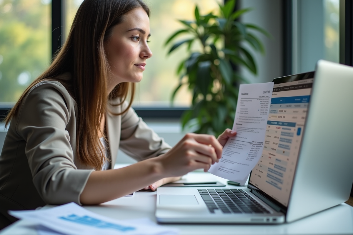 Jeune femme analysant documents financiers et écran d