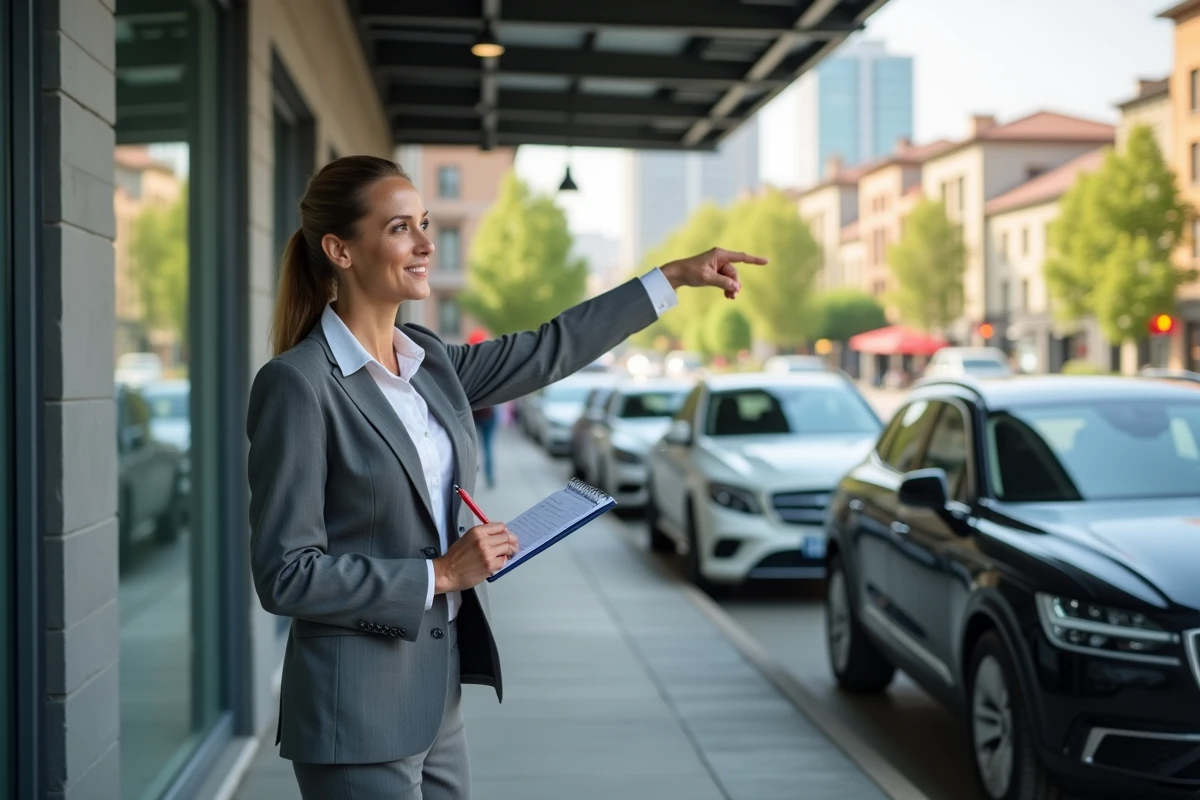 Femme d affaires pointant vers des voitures dans une concession