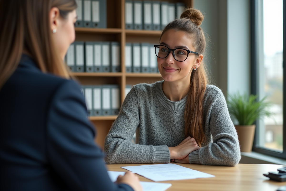 Femme en consultation avec un avocat dans un bureau contemporain