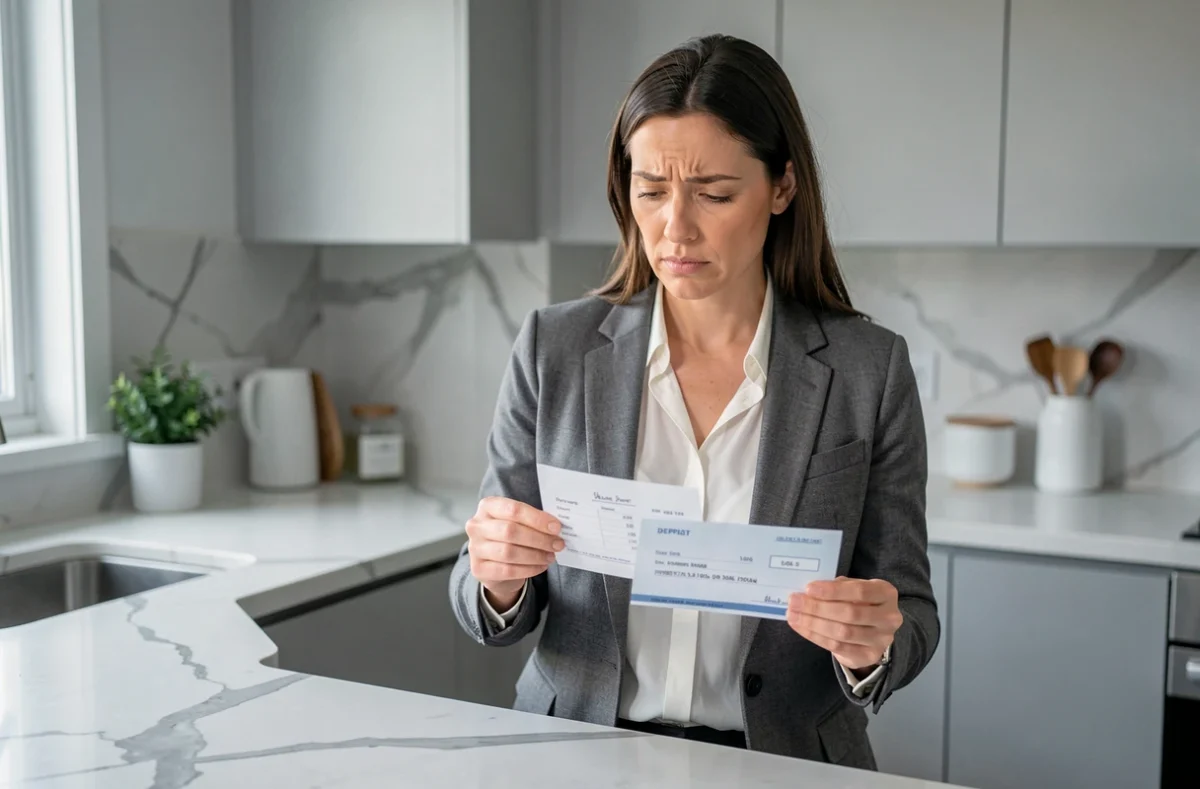 Femme tenant un bon de commande et un chèque d'acompte dans une cuisine moderne, illustrant la rétractation après signature