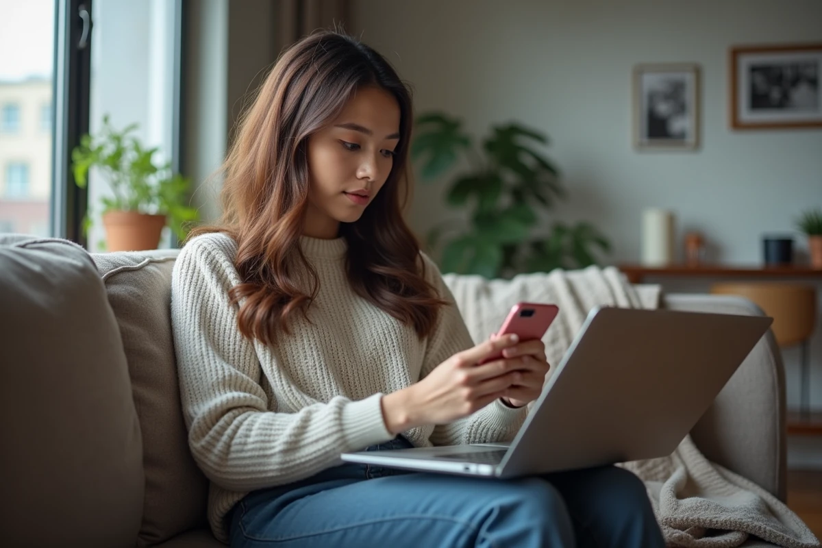 Jeune femme avec ordinateur dans salon cosy pour article