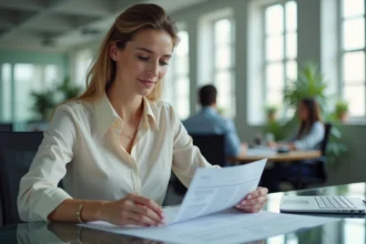 Femme au bureau en blouse et pantalon foncé