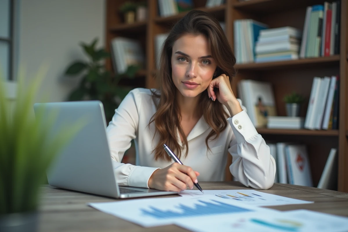 Femme au bureau prenant des notes avec un graphique
