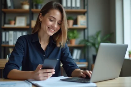 Jeune femme au bureau consultat une facture digitale