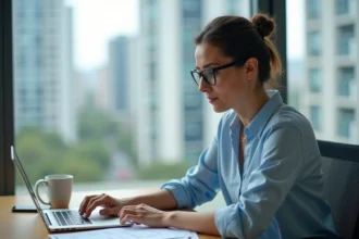 Femme au bureau regardant son ordinateur portable
