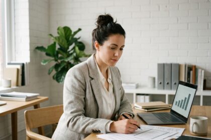Femme d'affaires analysant un planning de trésorerie sur des documents imprimés dans un bureau moderne