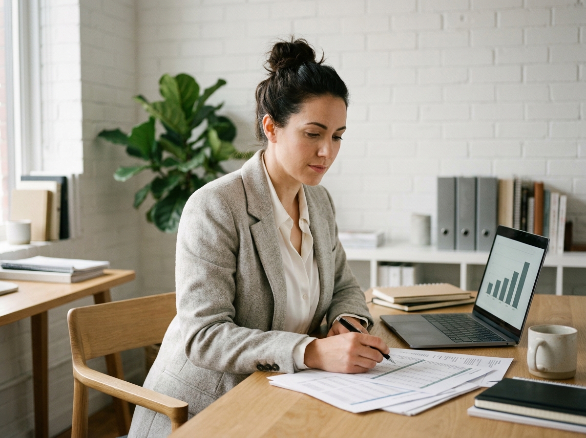 Femme d'affaires analysant un planning de trésorerie sur des documents imprimés dans un bureau moderne