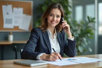 Femme en bureau moderne au téléphone avec un air professionnel