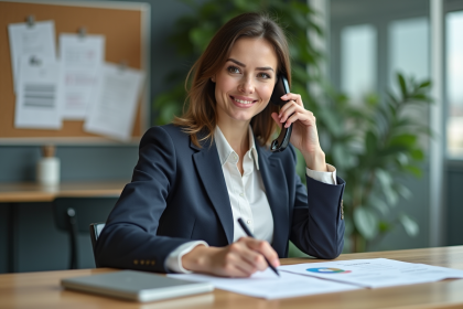 Femme en bureau moderne au téléphone avec un air professionnel