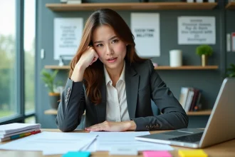 Jeune femme au bureau en pleine concentration