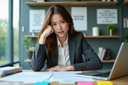 Jeune femme au bureau en pleine concentration