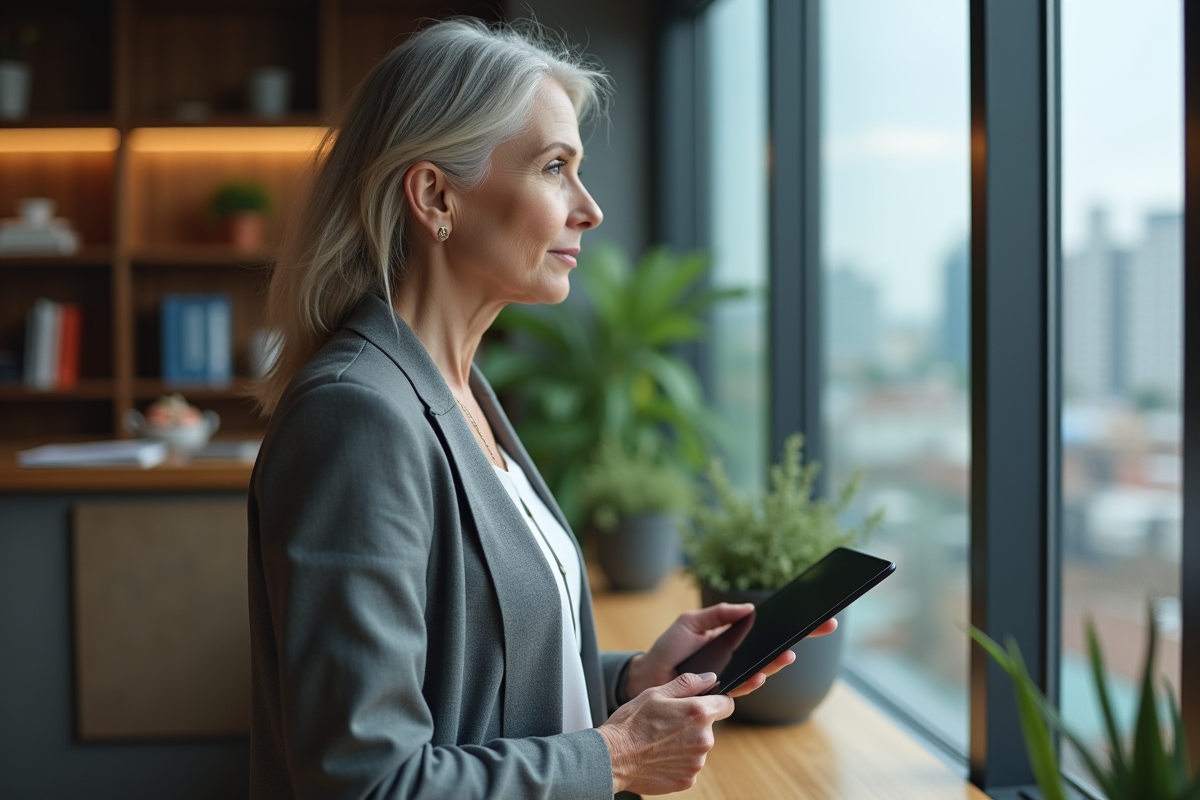 Femme d affaires regardant par la fenêtre en milieu urbain