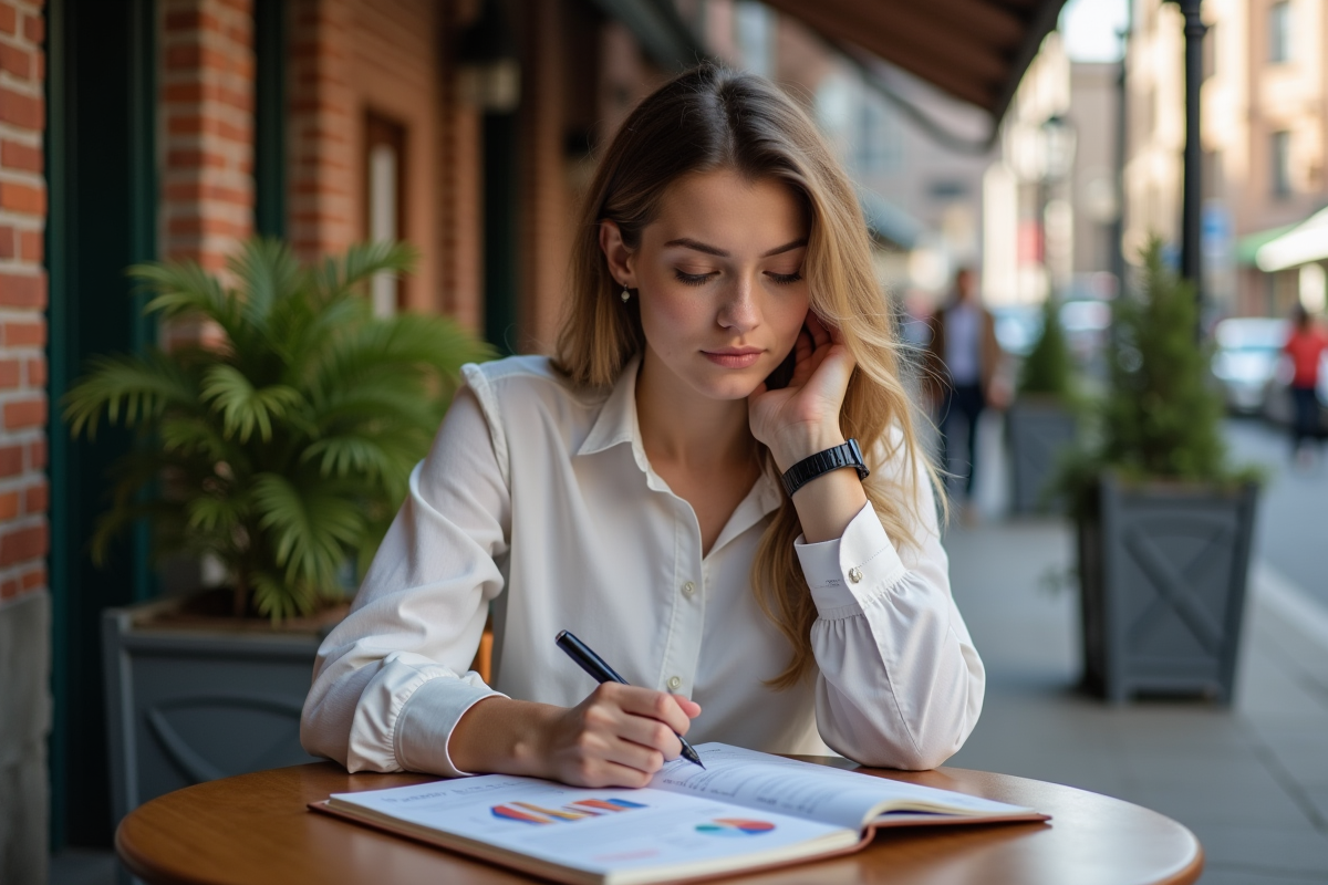 Jeune femme écrivant dans un carnet au café avec graphique imprimé