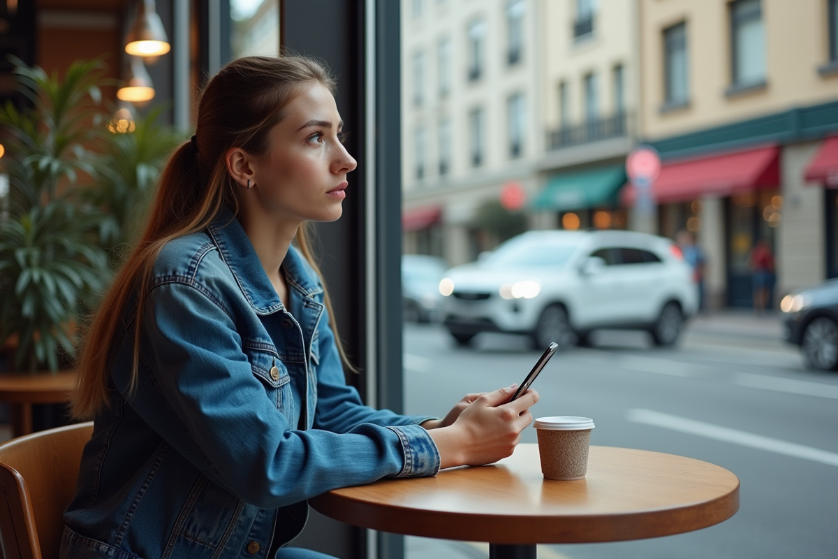 Jeune femme au café regardant pensivement par la fenêtre