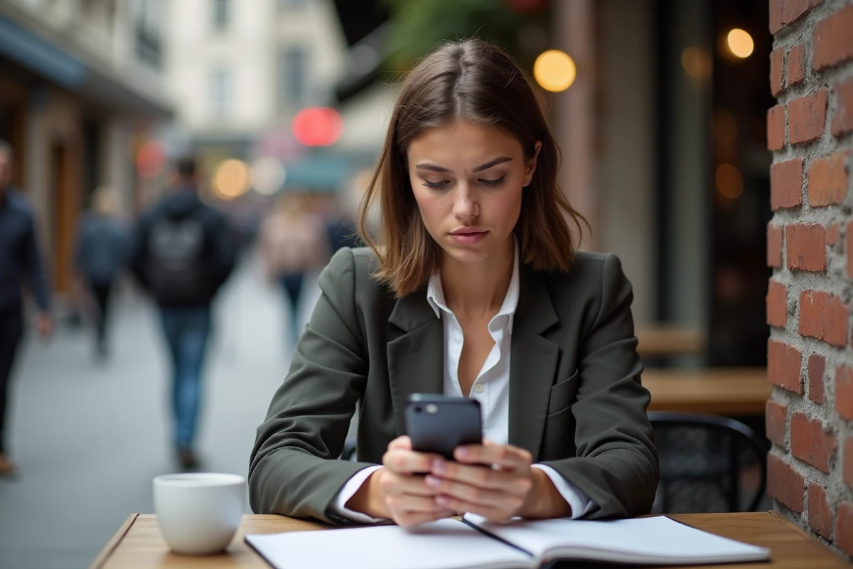 Femme utilisant son smartphone dans un café en ville