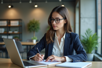 Jeune femme canadienne en bureau en train d'écrire