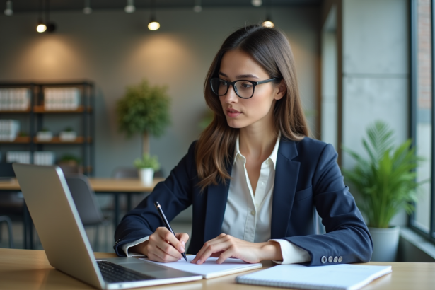 Jeune femme canadienne en bureau en train d'écrire