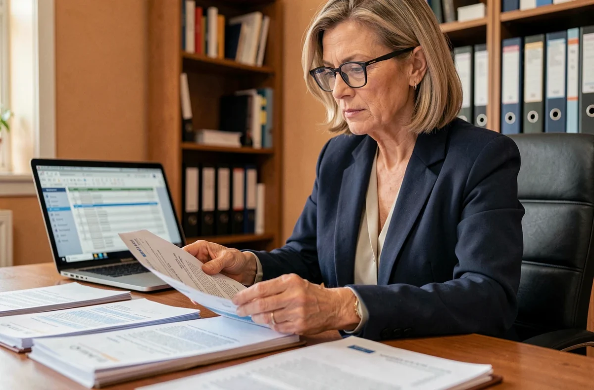 Femme professionnelle consultant des contrats de travail et bulletins de paie pour calculer son ancienneté