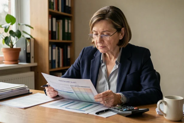 Femme d'une cinquantaine d'années qui consulte des documents sur la grille IGR et ses droits à la retraite à son bureau
