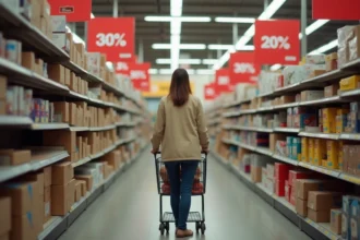 Femme faisant ses courses dans un magasin en liquidation avec des promotions de fin de stock sur les rayons