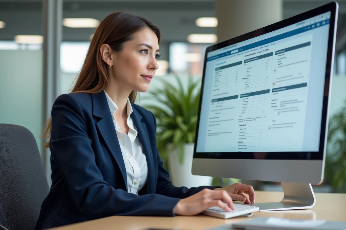 Femme professionnelle créant un compte sur un portail extranet administratif depuis son bureau en open space