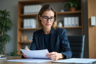 Femme d'affaires en costume navy lors d'une réunion