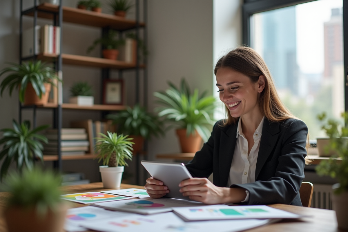 Jeune femme créative travaillant sur une tablette dans son bureau